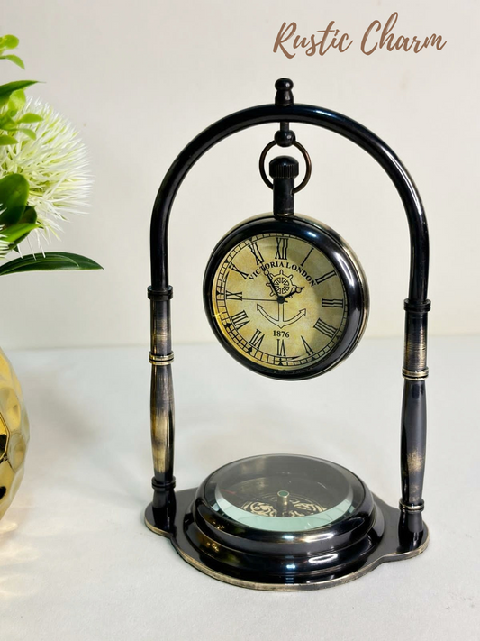 Brass Desk Hanging Table Clock with Maritime Vintage Brass Compass