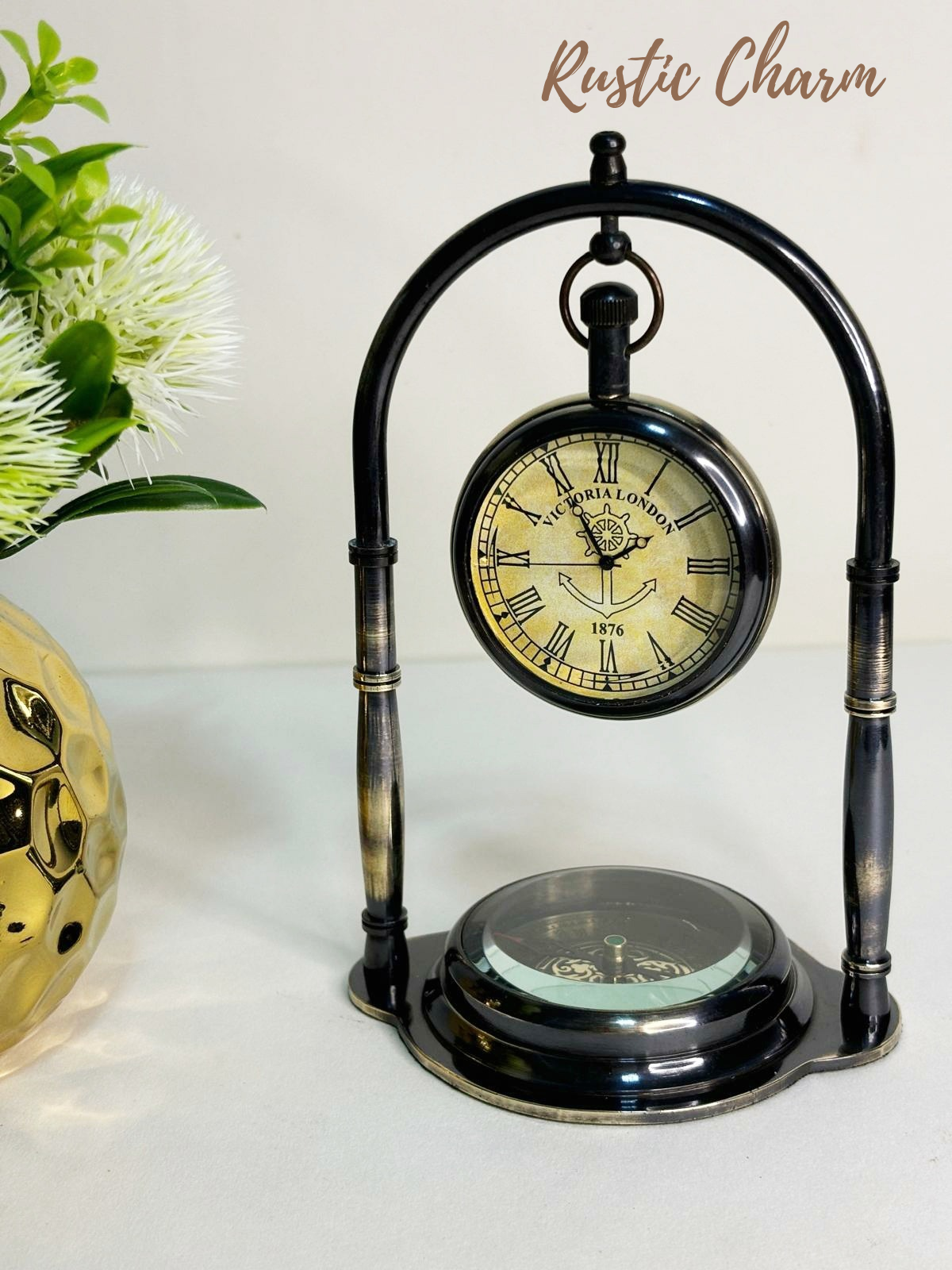 Brass Desk Hanging Table Clock with Maritime Vintage Brass Compass