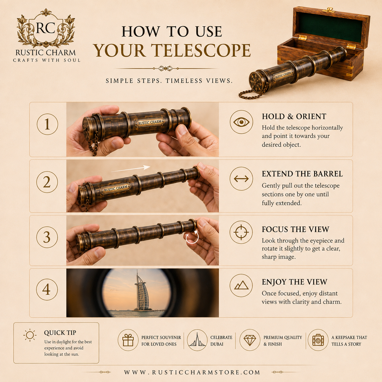 Wooden Box Telescope – Rustic Charm UAE Souvenir