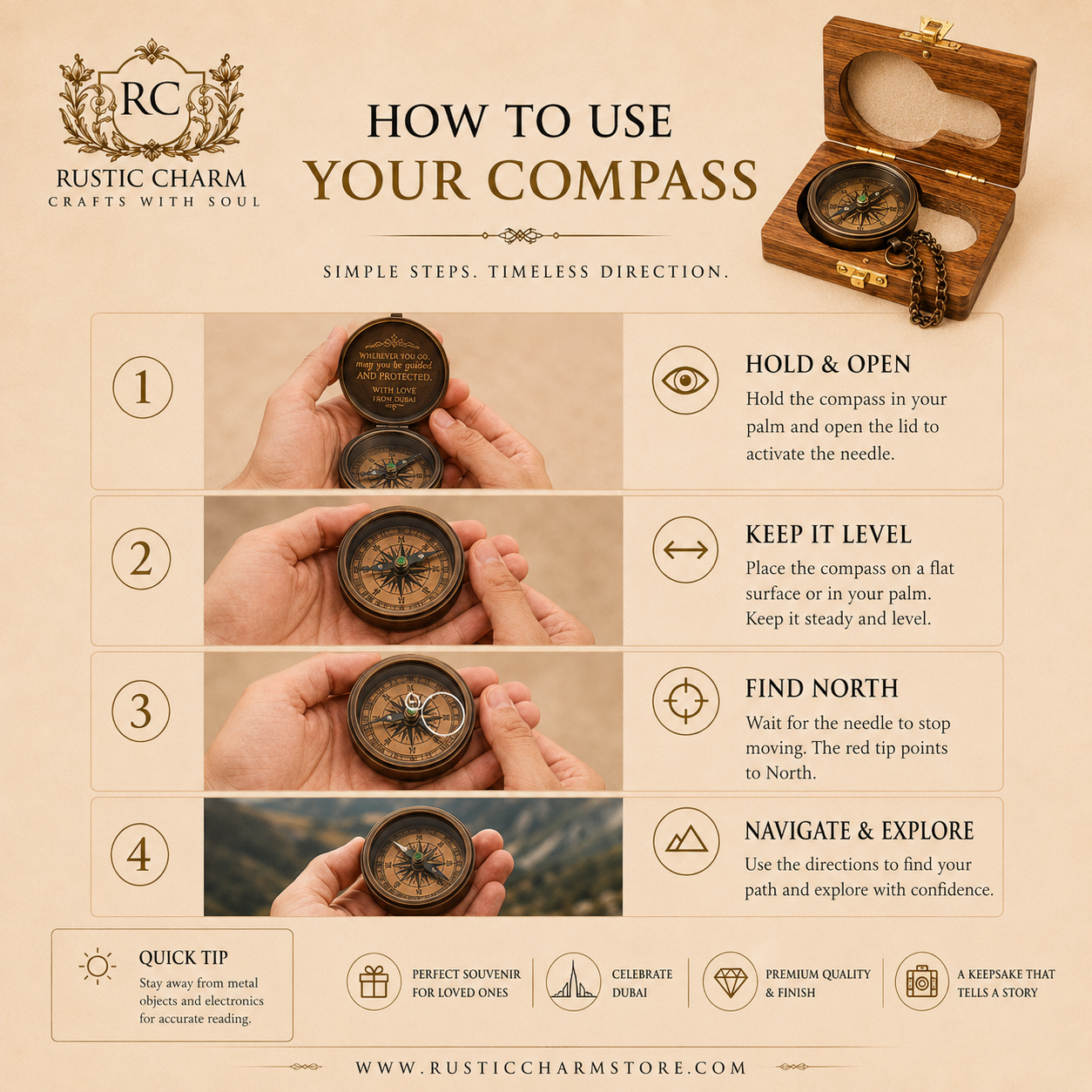 Vintage Pocket Compass in Wooden Box – Rustic Charm UAE Souvenir