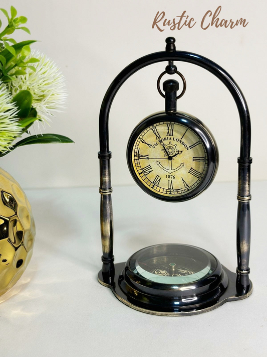 Brass Desk Hanging Table Clock with Maritime Vintage Brass Compass