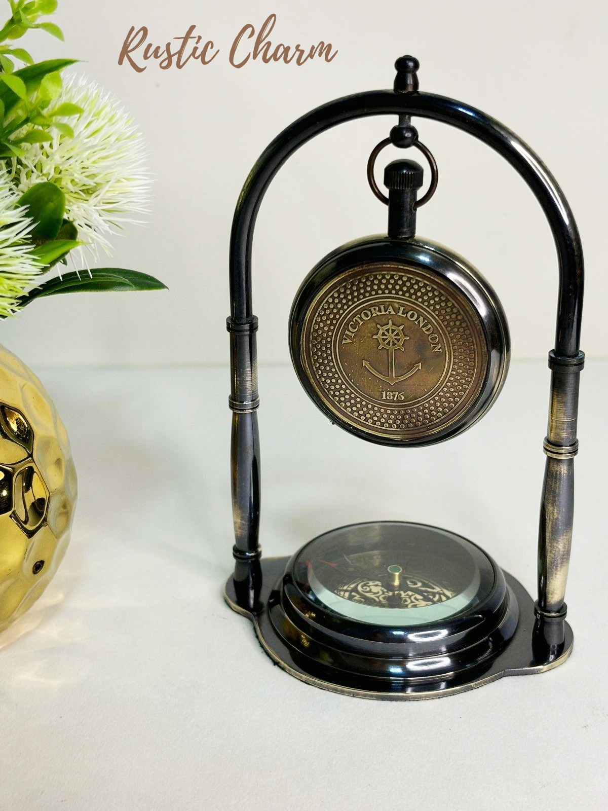 Brass Desk Hanging Table Clock with Maritime Vintage Brass Compass