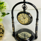 Brass Desk Hanging Table Clock with Maritime Vintage Brass Compass